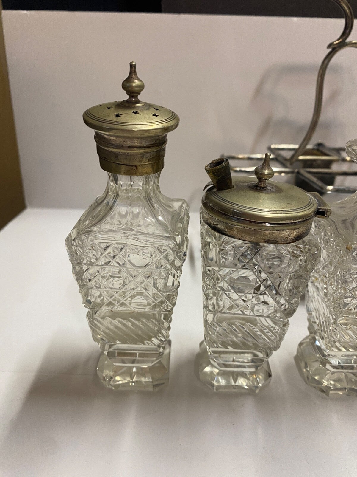 Antique 1900's Silver Plated Cruet 6 Piece Set & Carrier Salt Pepper Sugar &More