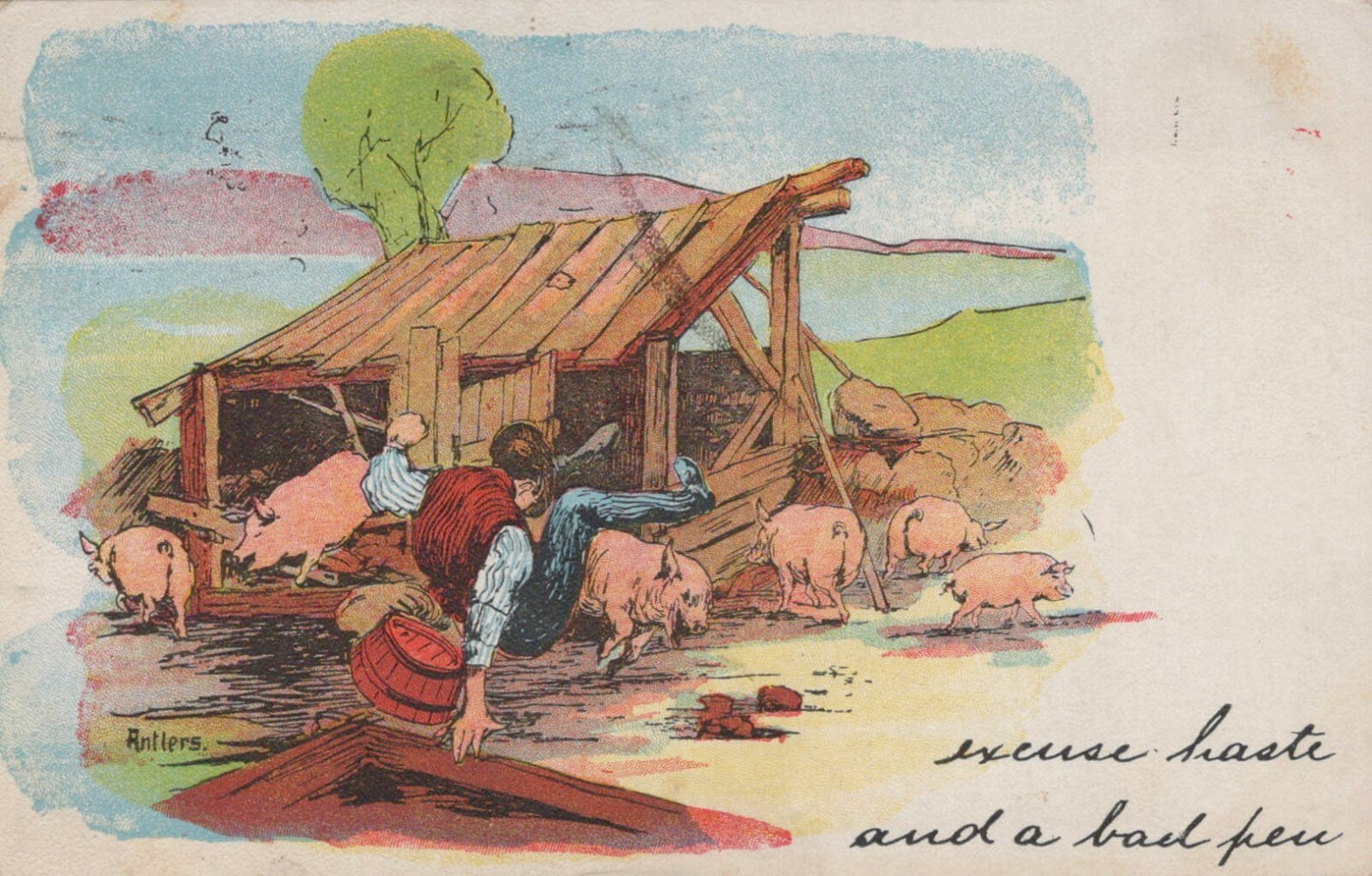 Artist Signed Man Falls by Pigs "Excuse Haste and a Bad Mess" Animal Postcard