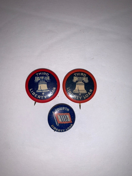 Lot of 3 Vintage Liberty Loan 7/8" Celluloid & 5/8" Litho Pinback