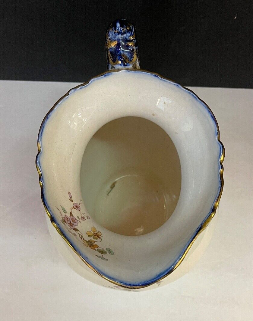 Rare Antique 1800's E. Henderson Floral White Blue & Gold Pitcher