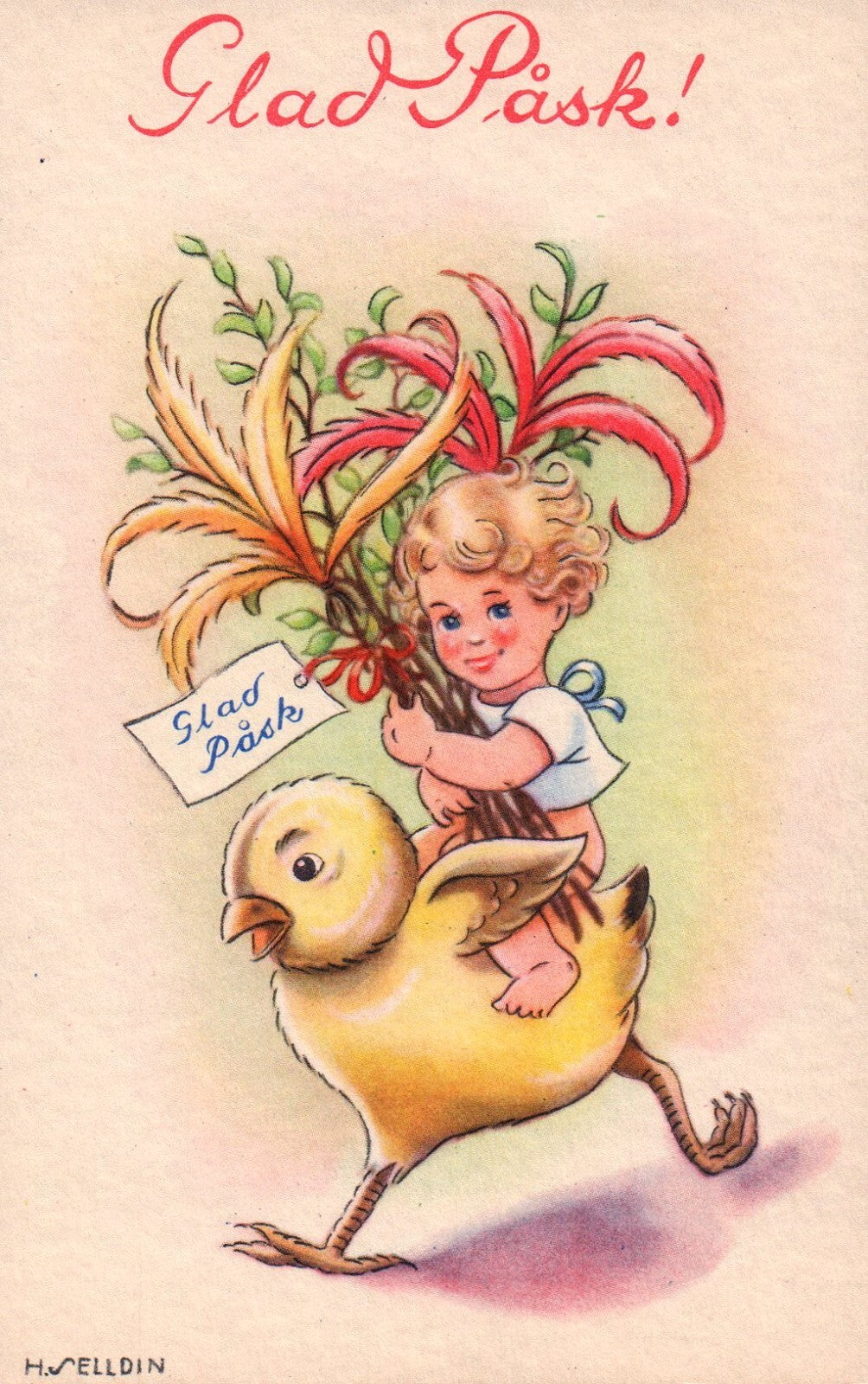 Glad Pask  H Selldin Sweden Artist  Girl Rides Chick Easter Postcard