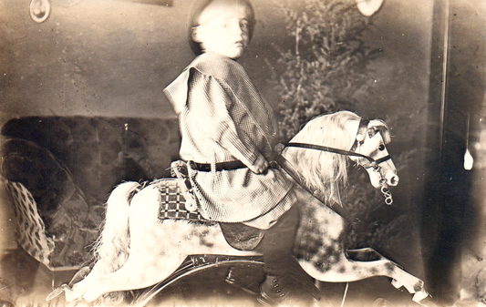Real Photo Boy Sitting on Toy Horse Vintage Real Photo Postcard