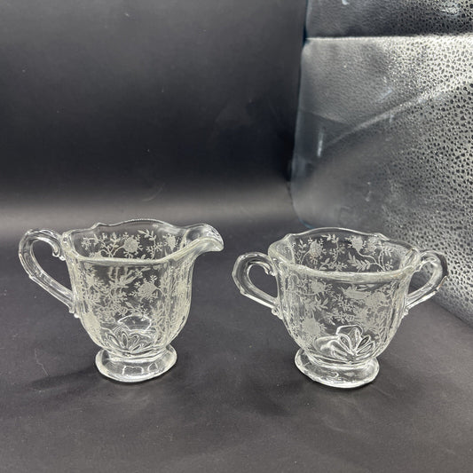 Vintage Fostoria Etched Sugar Bowl and Creamer Set 