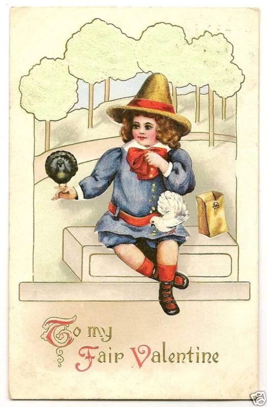 Thanksgiving Theme Pilgrim Child Feeds Dove Valentine Series Postcard