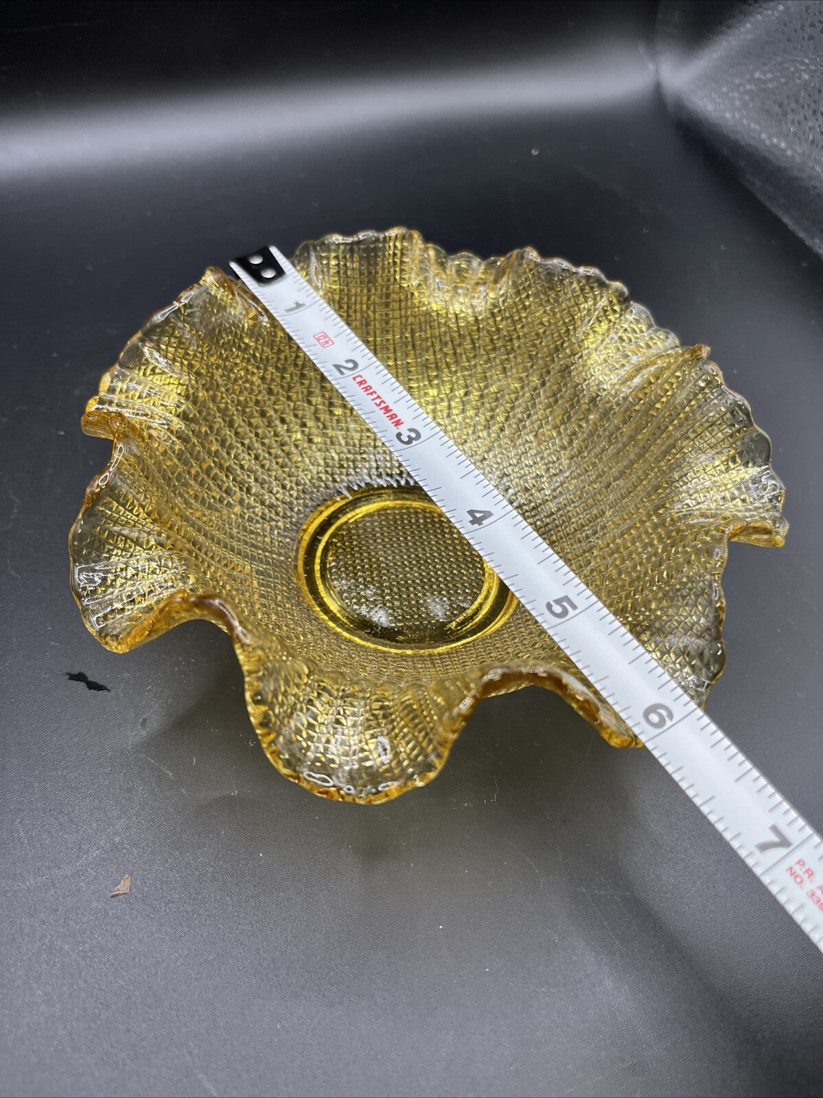Vintage Amber Glass Waffle Pattern Bowl With Ruffled Edge