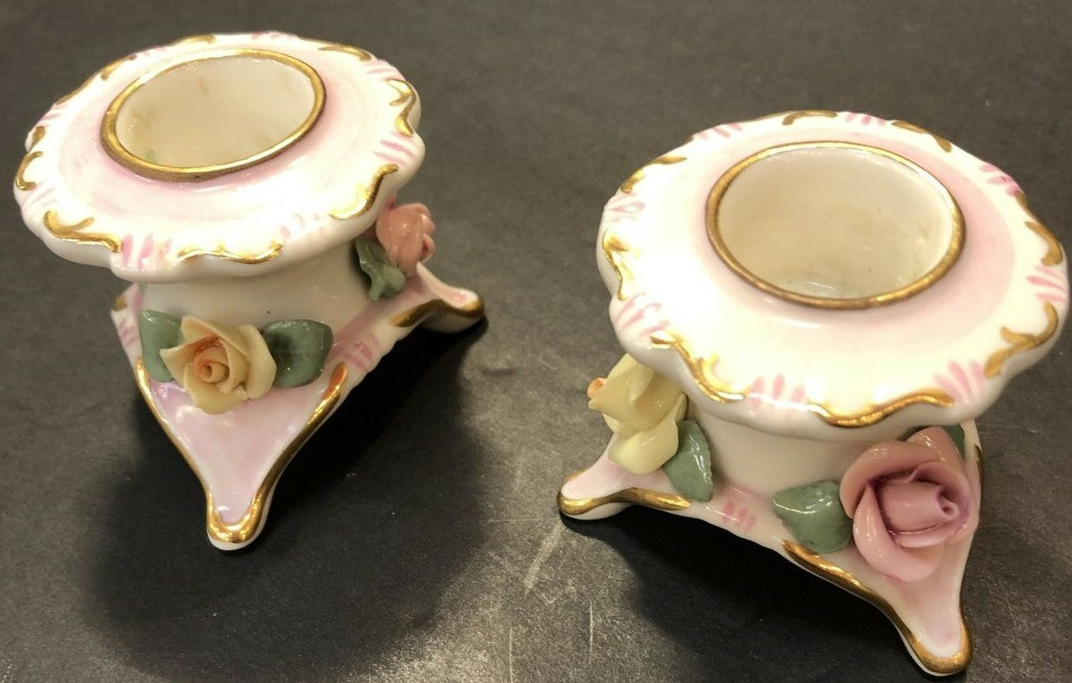 Vintage Set of 2 Italian Capodimonte Pink Floral Rose  Candle Stick Holders