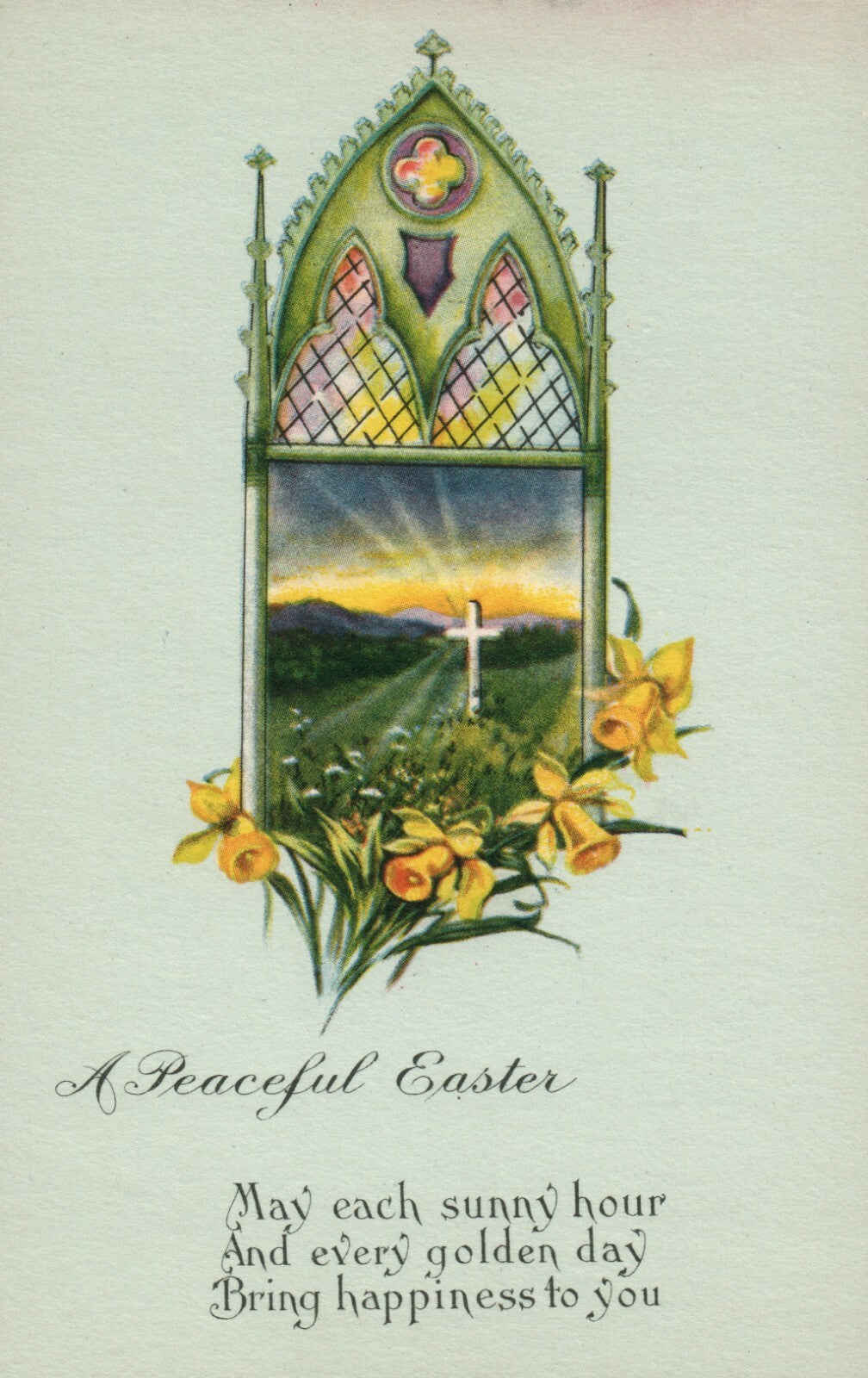 Blue Background Gold Boarder Yellow Flowers Stained Glass Cross Easter Postcard