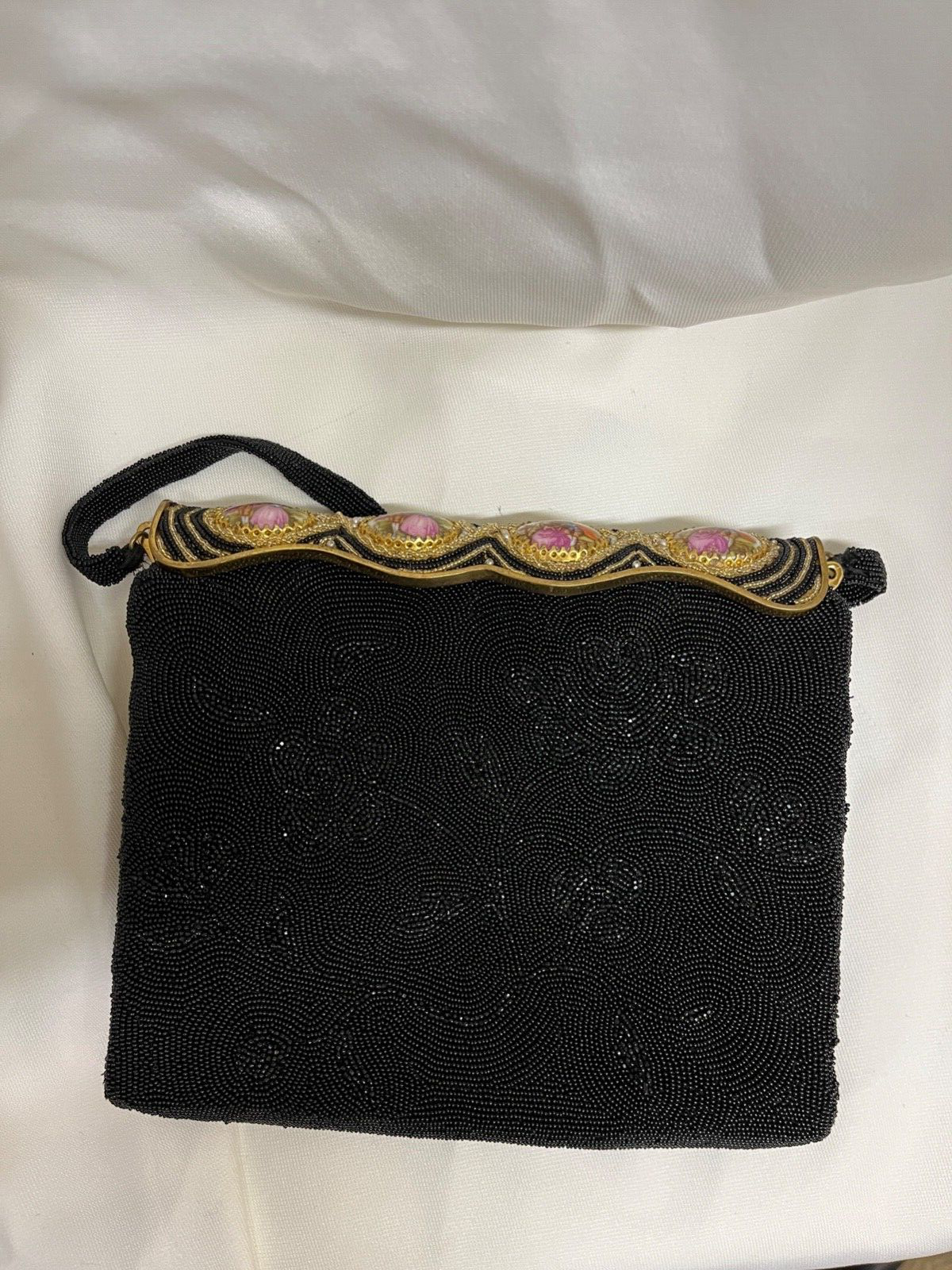 Hand beaded French Walborg 1940s/50s Black evening purse with Cameo inset