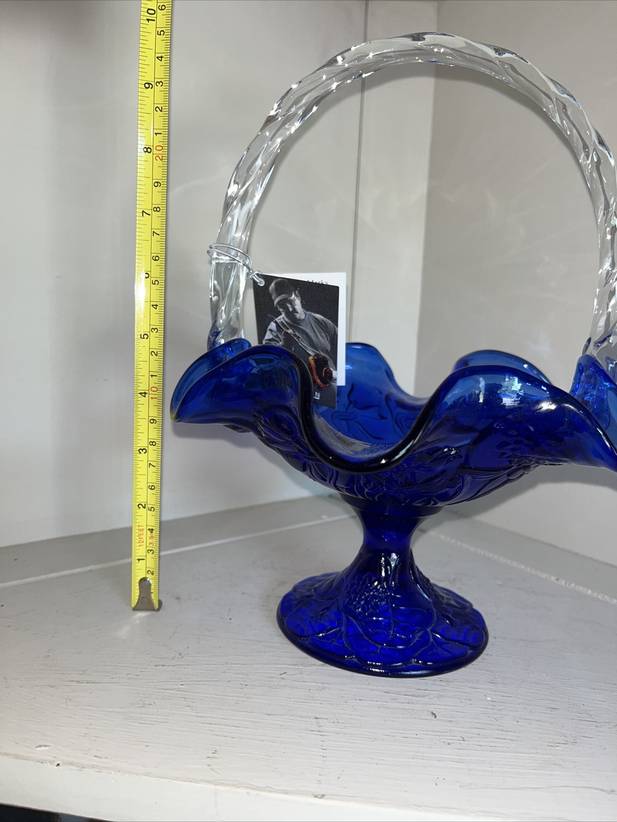  Fenton 95th Cobalt Blue Clear Handle embossed design basket with sticker