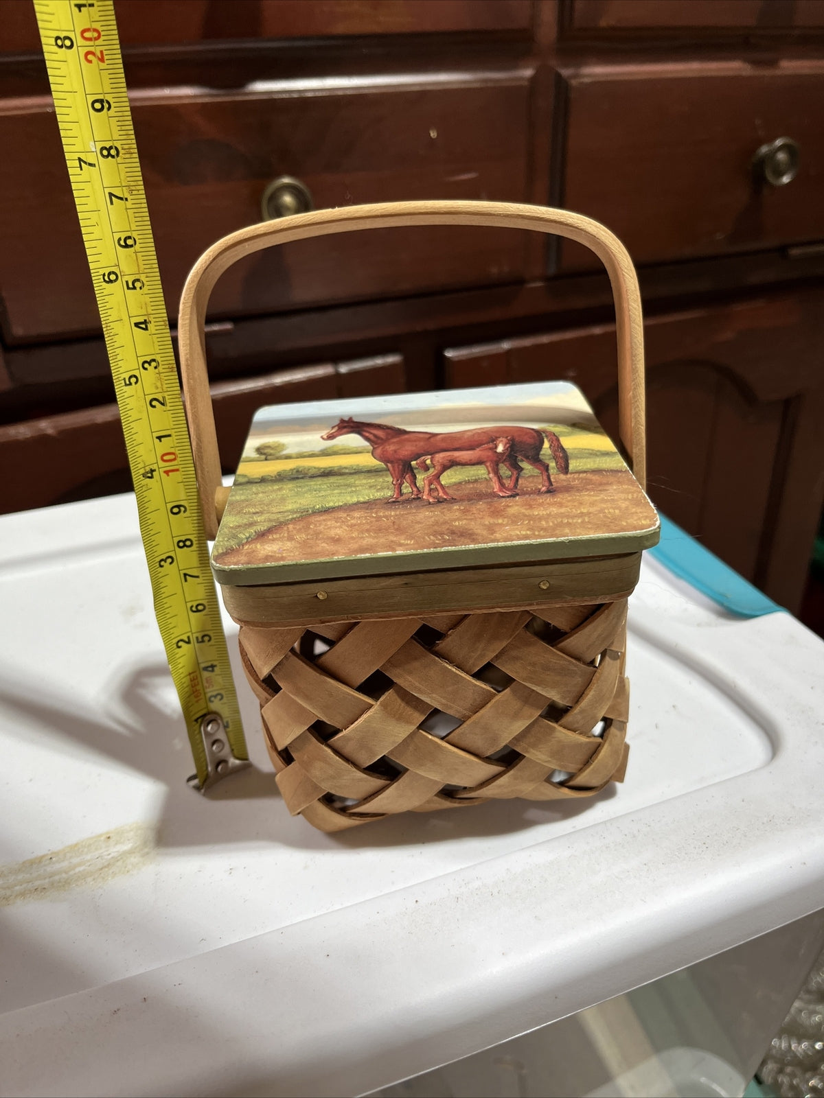 Vintage small Brown Woven Basket With Horses On Cover RARE. 4” X 4”, 4”