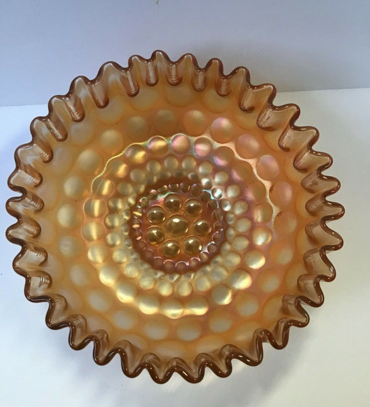 7 1/2" Marigold Coin dot Pattern Small Ribbon Edge Iridescent Carnival Glass 