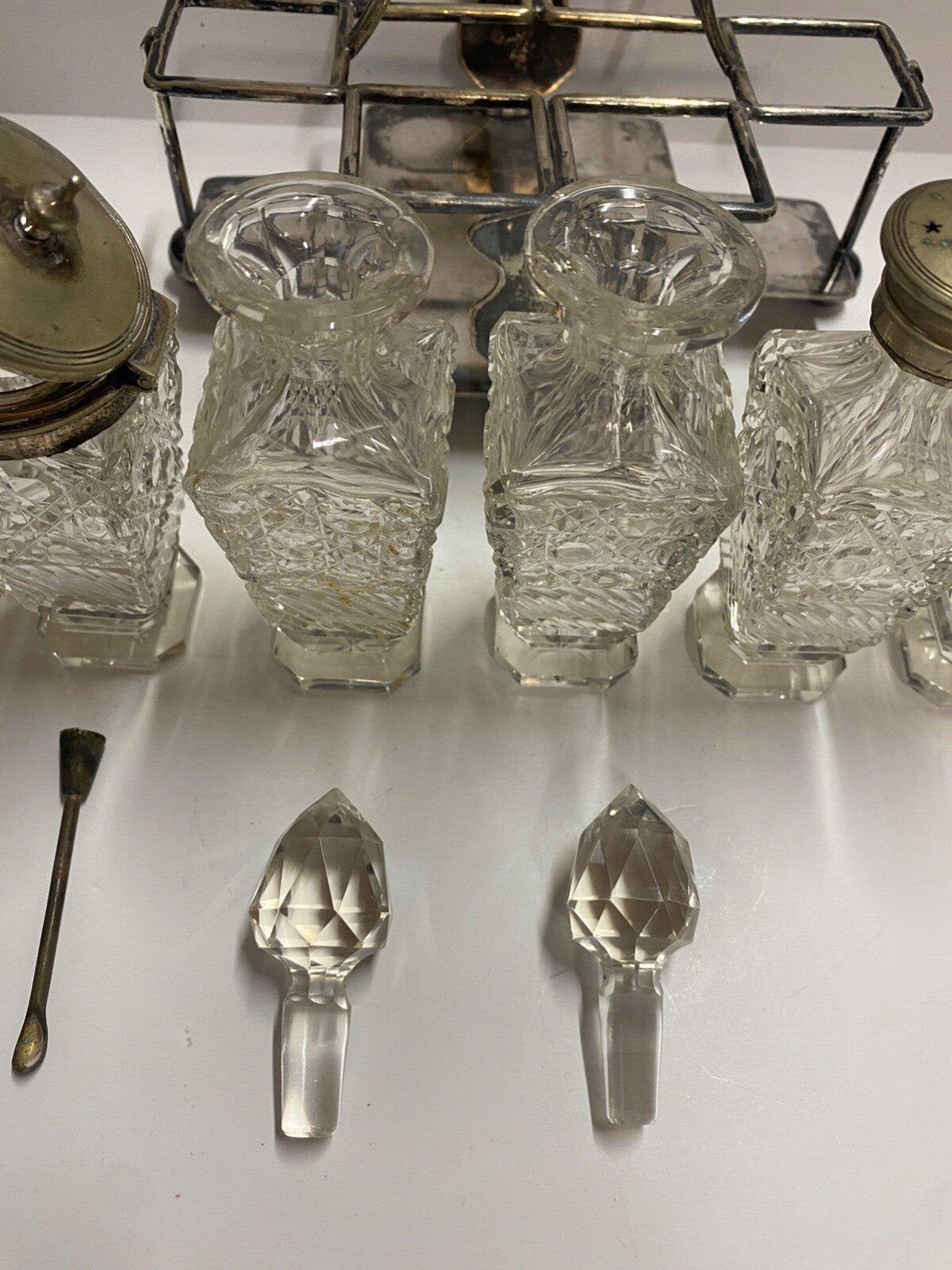 Antique 1900's Silver Plated Cruet 6 Piece Set & Carrier Salt Pepper Sugar &More