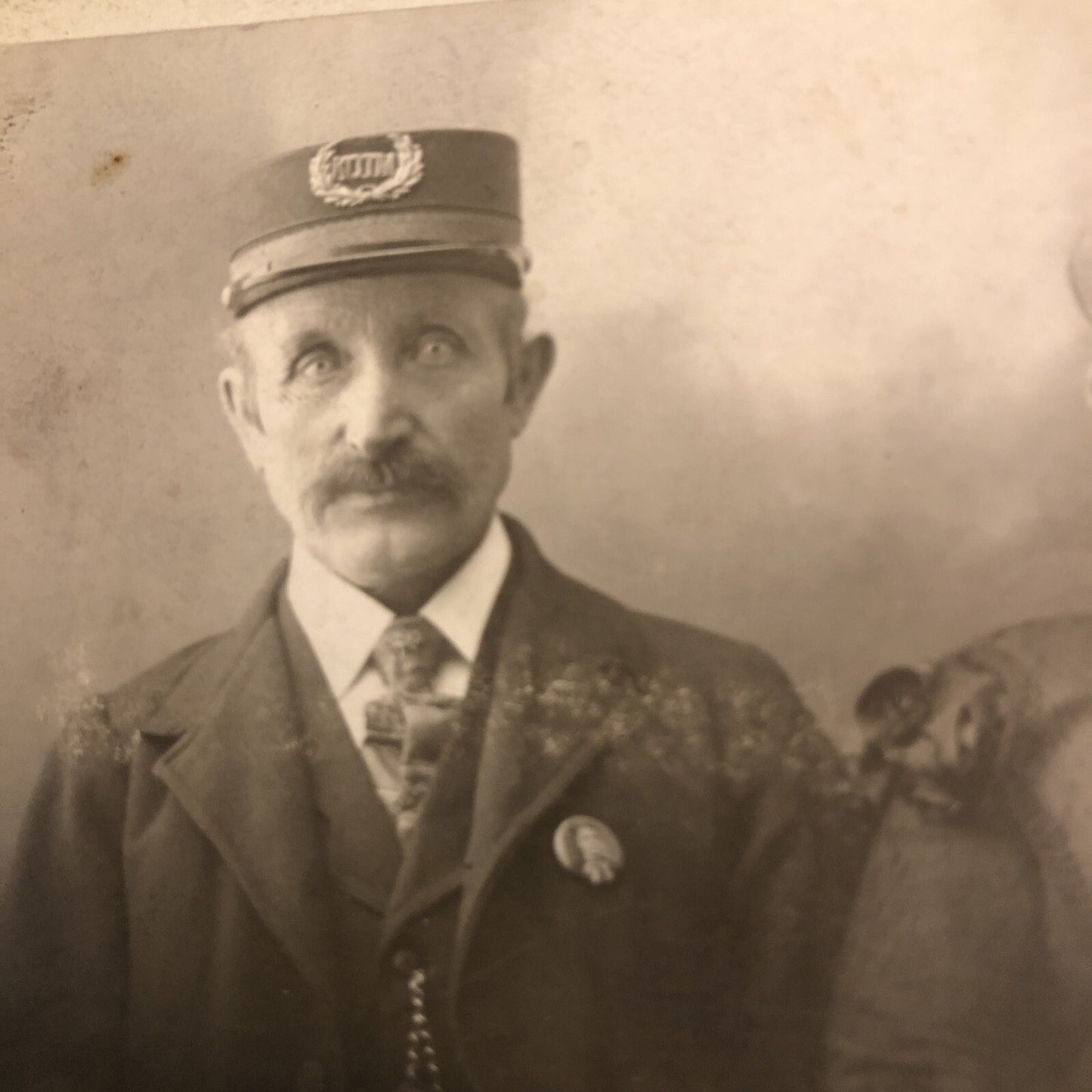 Conductor Wearing Political Pin Hat "KOTM" and Wife Antique Cabinet Card Photo