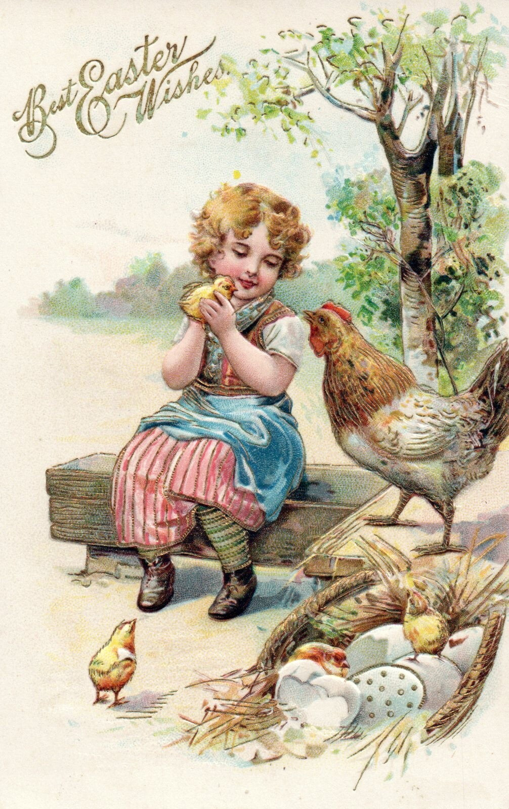 Best Easter Wishes Little Girl With Baby Chicks and Hen Vintage Easter Postcard