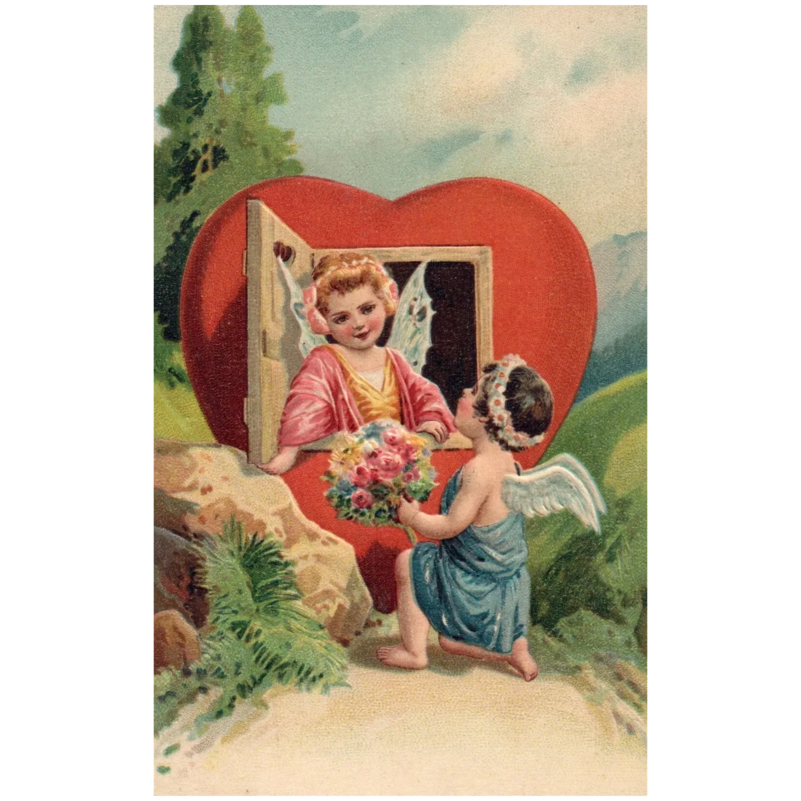 Beautiful Embossed Valentines Day Card w/ Two Angel Children Valentine Postcard
