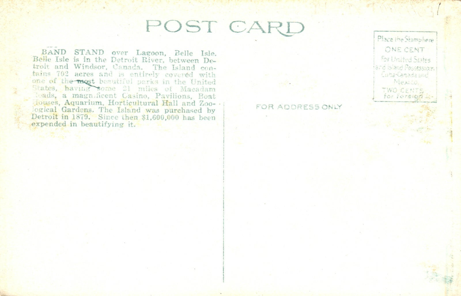 Band Stand Over Lagoon Belle Isle Park Detroit MI Michigan Postcard