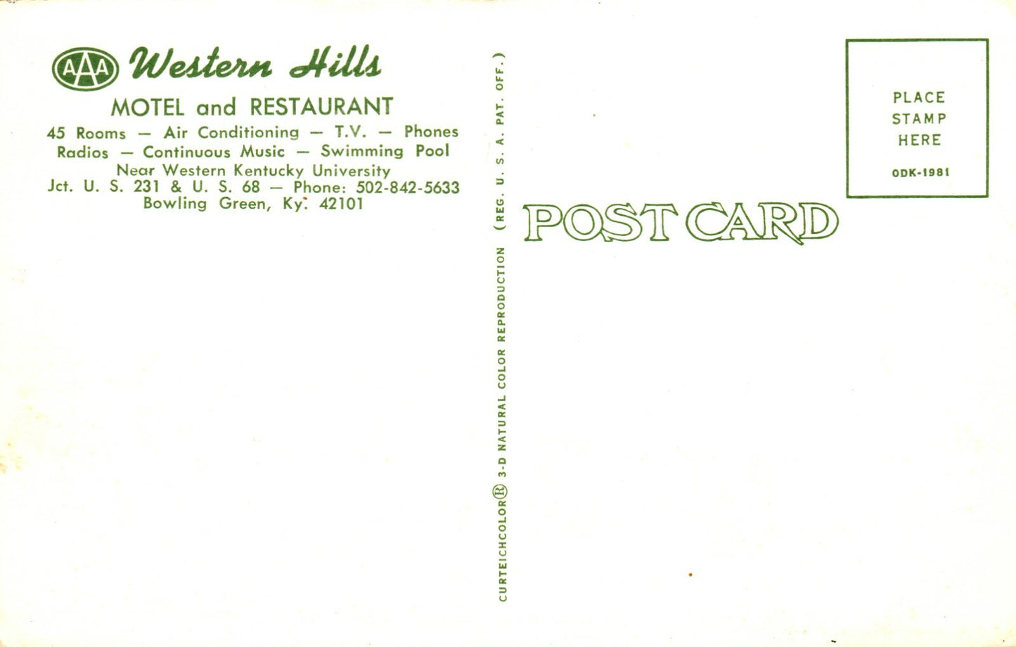 Motel AAA Western Hills Jct US 231 & US 68 Bowling Green KY Kentucky Postcard