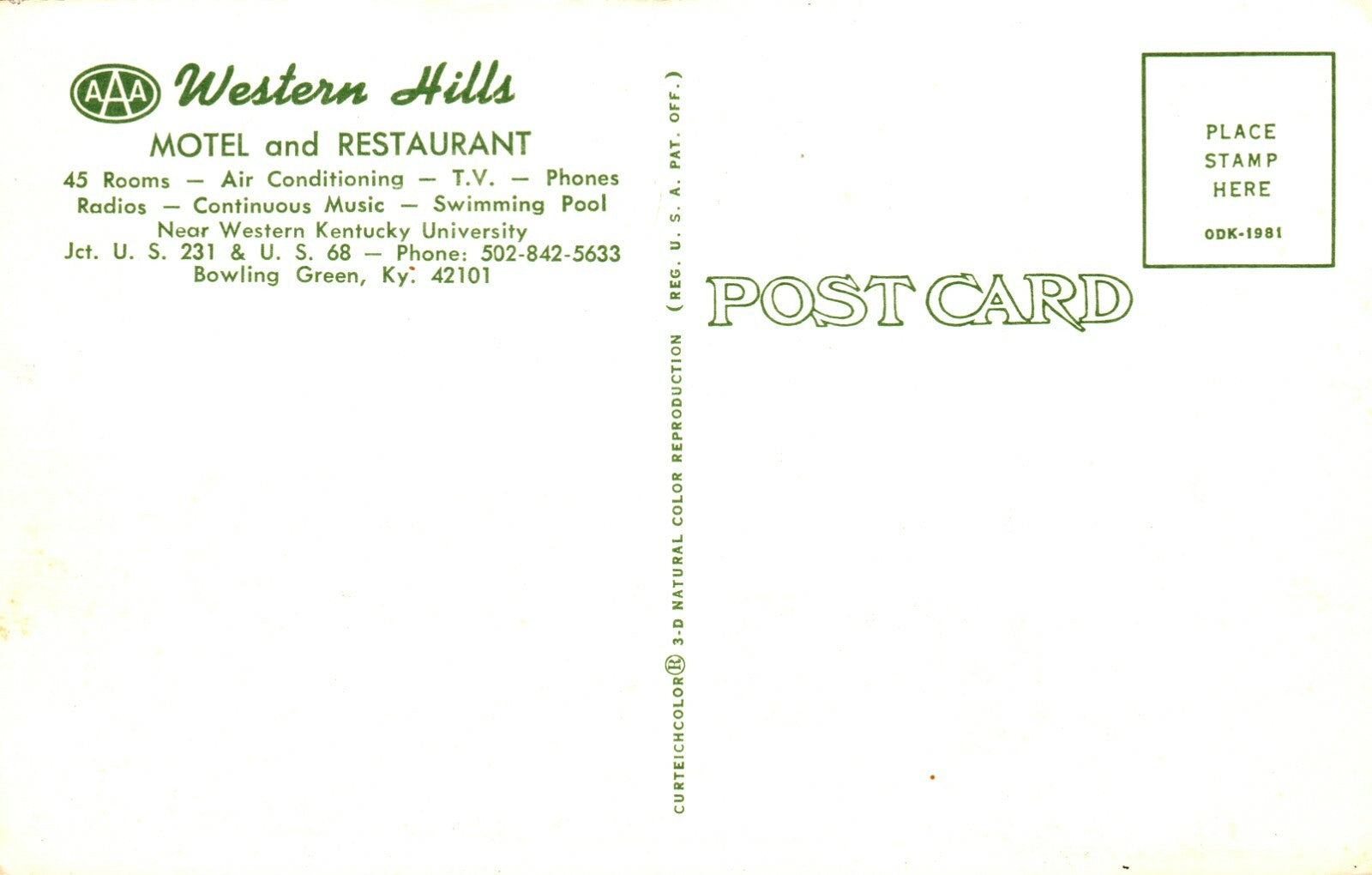 Motel AAA Western Hills Jct US 231 & US 68 Bowling Green KY Kentucky Postcard