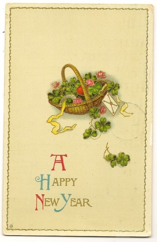 Gel Elegant basket of Four Leaf Clovers Happy New Year Holiday Postcard