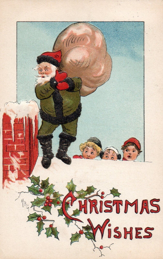 Christmas Wishes Santa Going Down Chimney Children Watching Santa Postcard