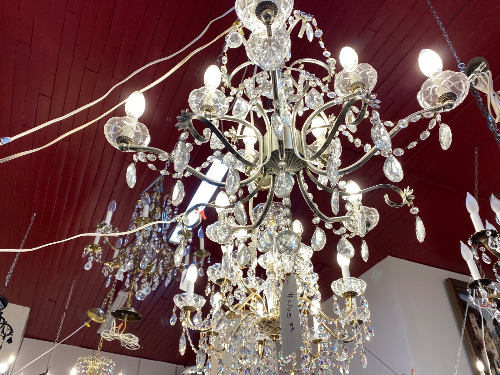 1950s mid century 10 arm silver and crystal chandelier 