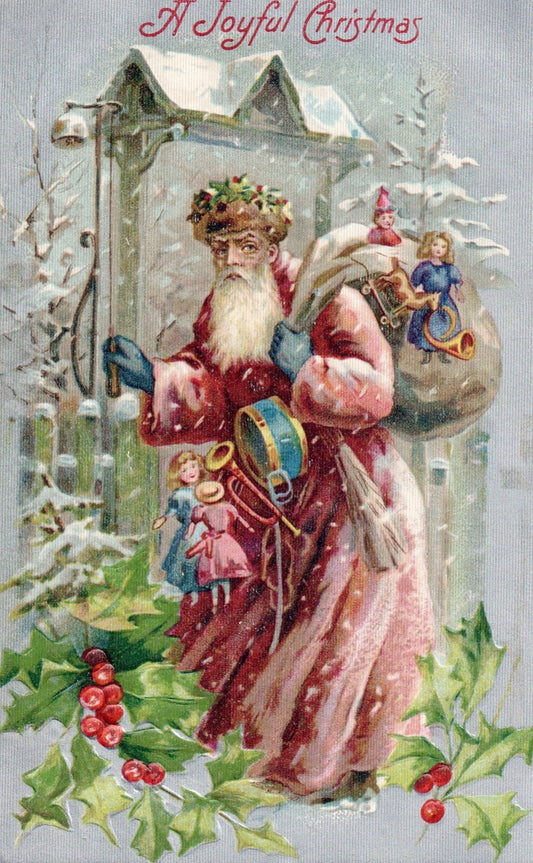 A Joyful Christmas Santa With Toys & Holly Vintage Santa Postcard