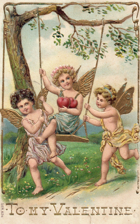 Valentine Postcard 3 Cupids Tree Swing Gold Embossed 624