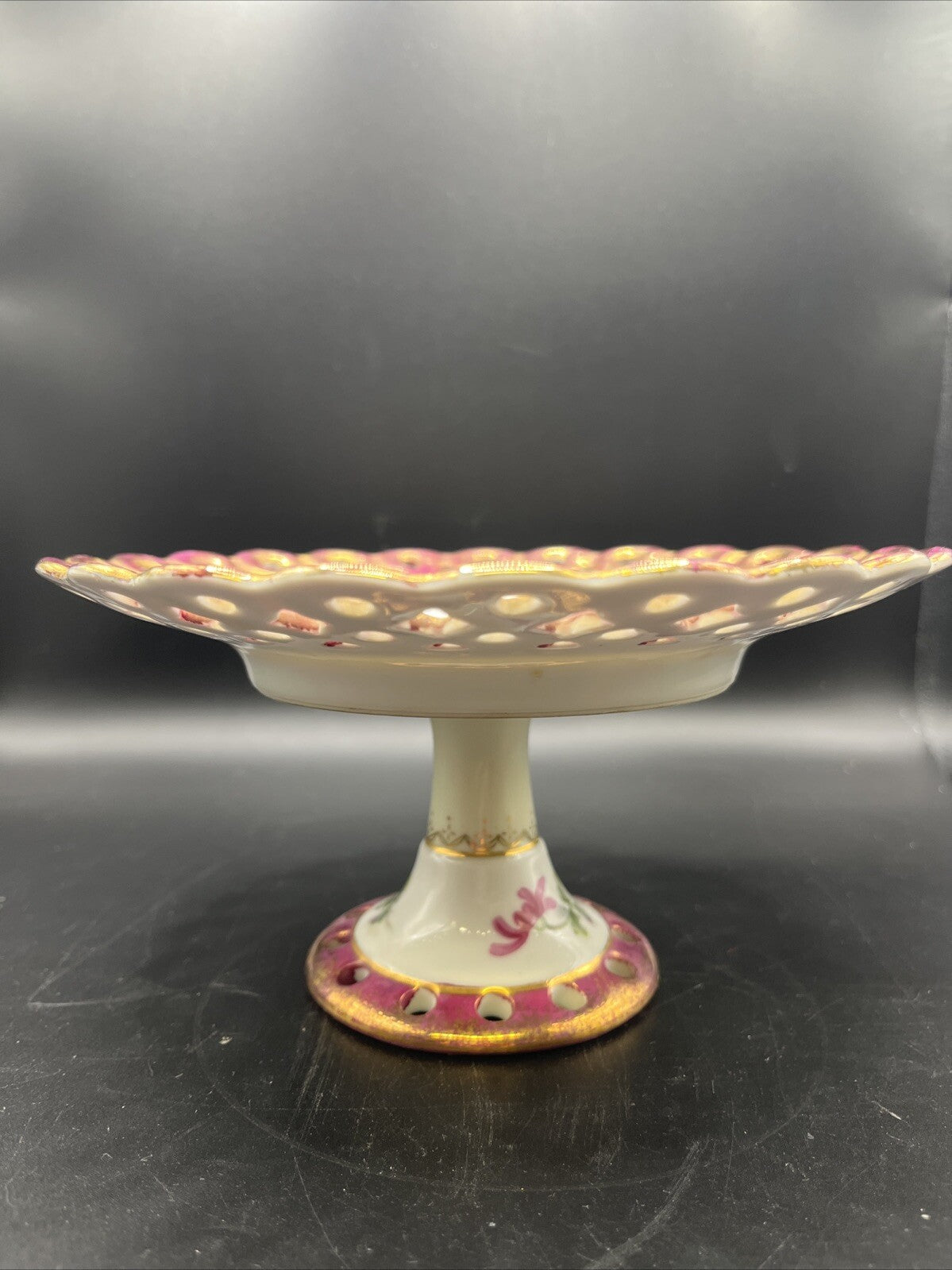 Vintage Pedestal Serving Bowl Floral Design Reticulated 7.5”