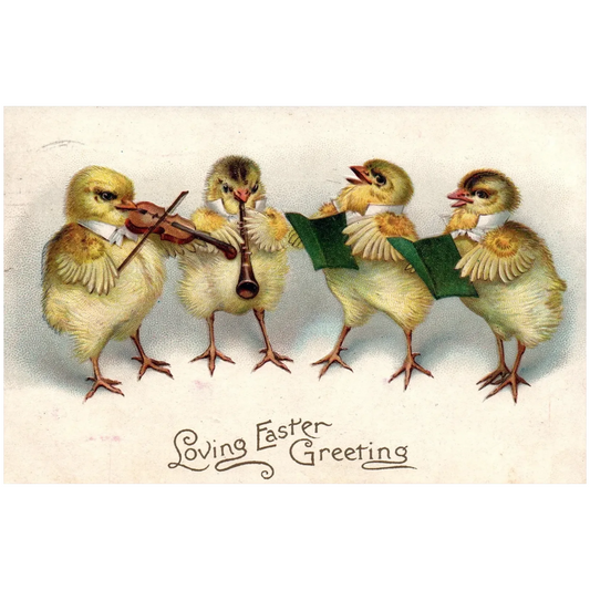 Loving Easter Chicks with Instrument & Singing Vintage Easter Postcard