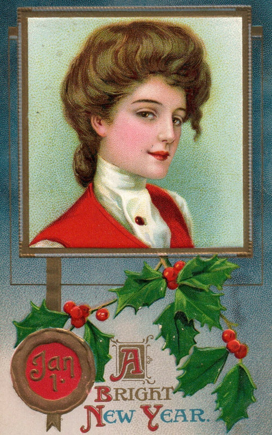 Portrait Of Woman January First Holly  Happy New Year Postcard 