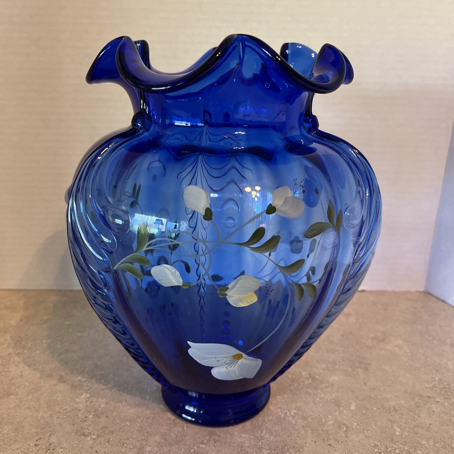 Fenton Glass Cobalt Blue Feathered Belly Vase Signed Shelly Fenton Hand Painted