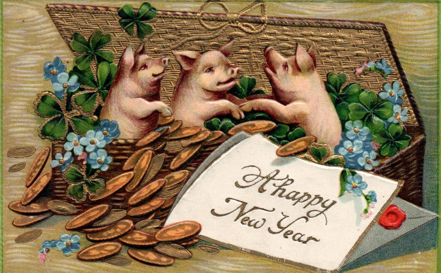 Gold Gilt Pigs with Gold Coins & Four Leaf Clovers Vintage Pig Postcard