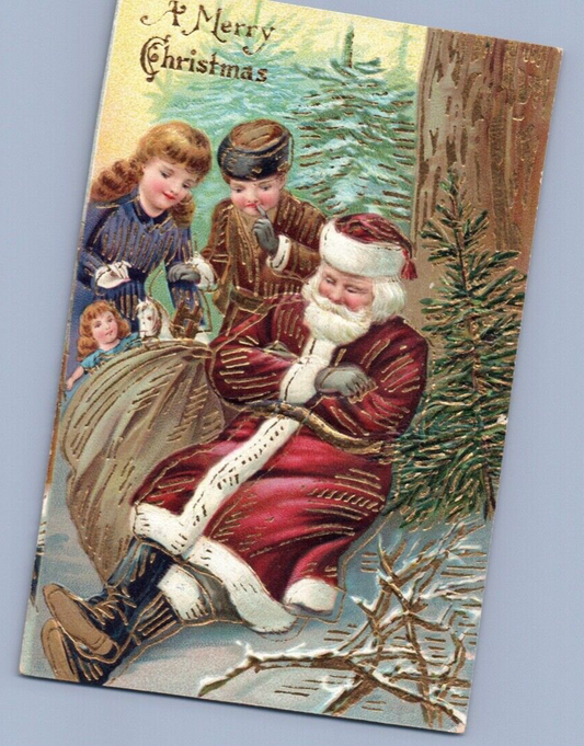 A Merry Christmas Gold Gilt Santa Sitting Under Tree Vintage Santa Postcard