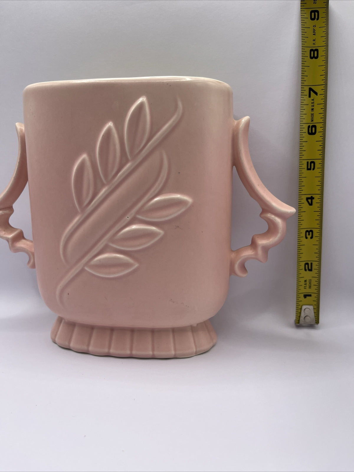 Vintage Red Wing Pottery Pink Leaf Embossed Double Handle Vase #1174