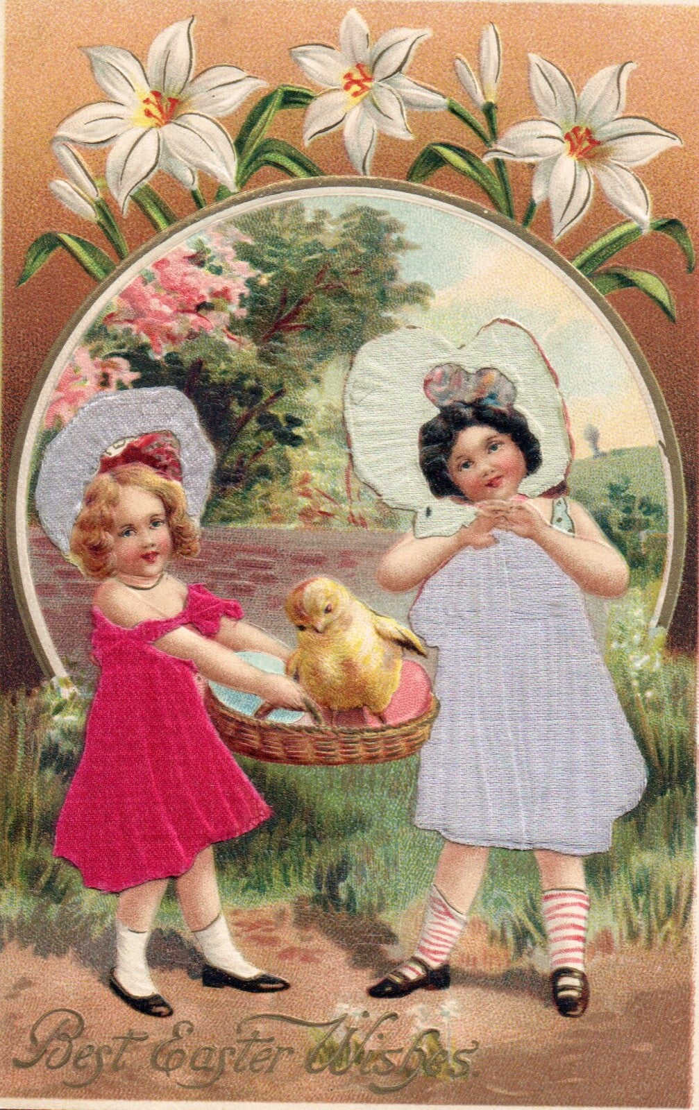 Best Easter Wishes Children In Silk Holding Little Chick Vintage Easter Postcard