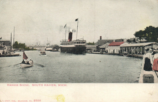 Early Harbor Scene Boats Ships South Haven Michigan MI  