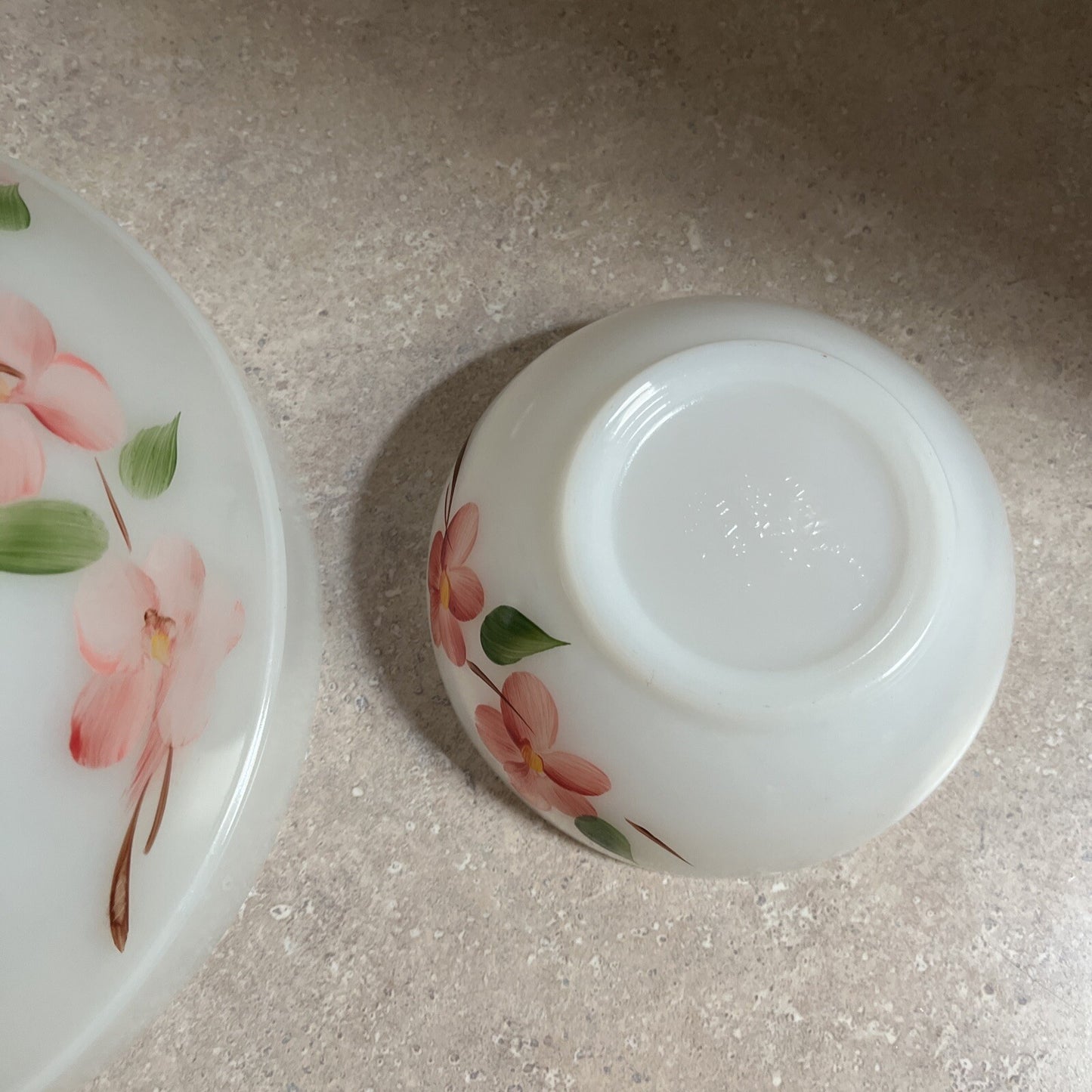 Vintage Peach Blossom Colonial chip & Dip Bowl Fire Anchor Hocking (2)
