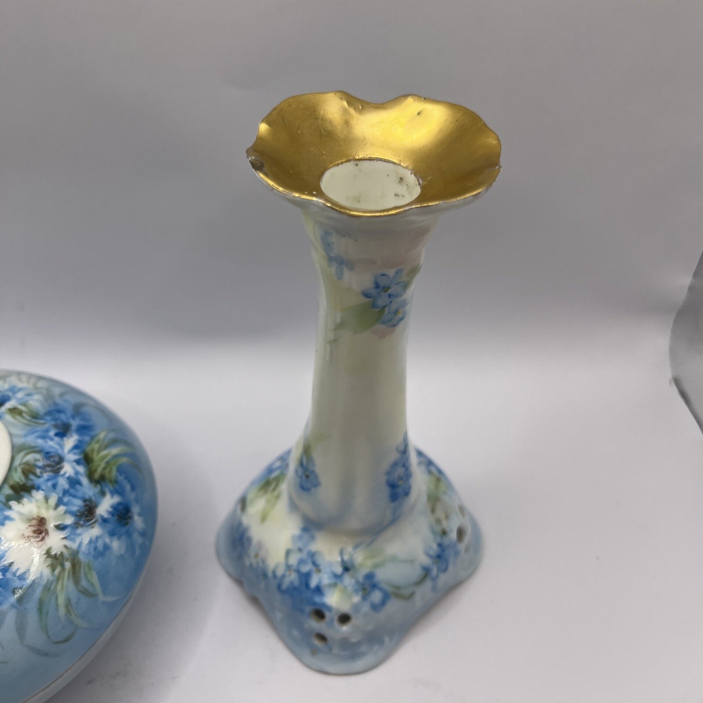 Limoge France  Signed on bottom Trinket or Powder Box & Candle Holder VTG