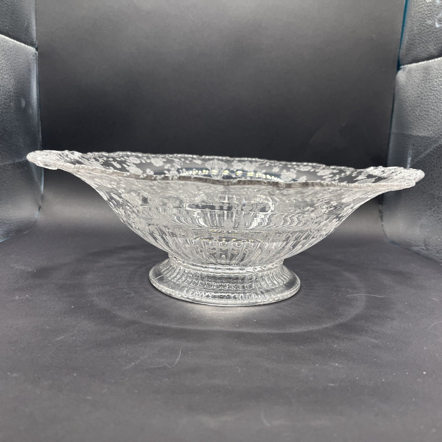 CAMBRIDGE GLASS CO  ROUND FOOTED CONSOLE BOWL - GRAY CUT FLORAL DECOR 10”