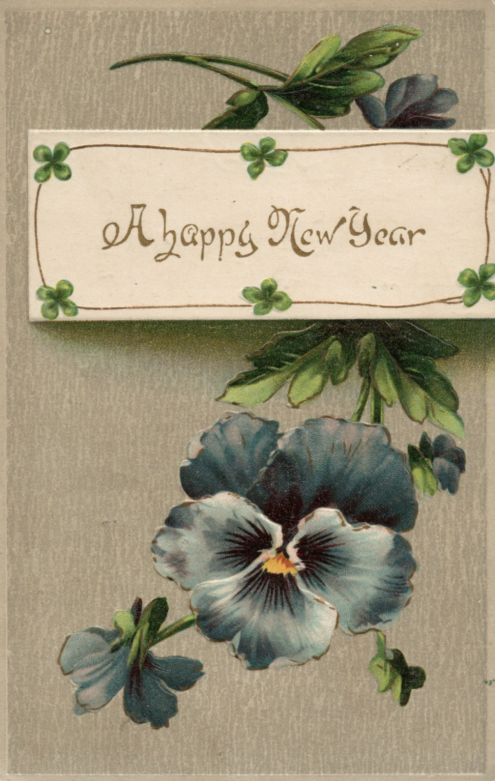 Four Leaf Clover and Blue Flower Happy New Year Postcard 