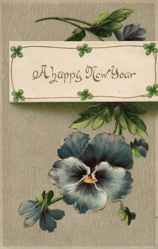 Four Leaf Clover and Blue Flower Happy New Year Postcard 