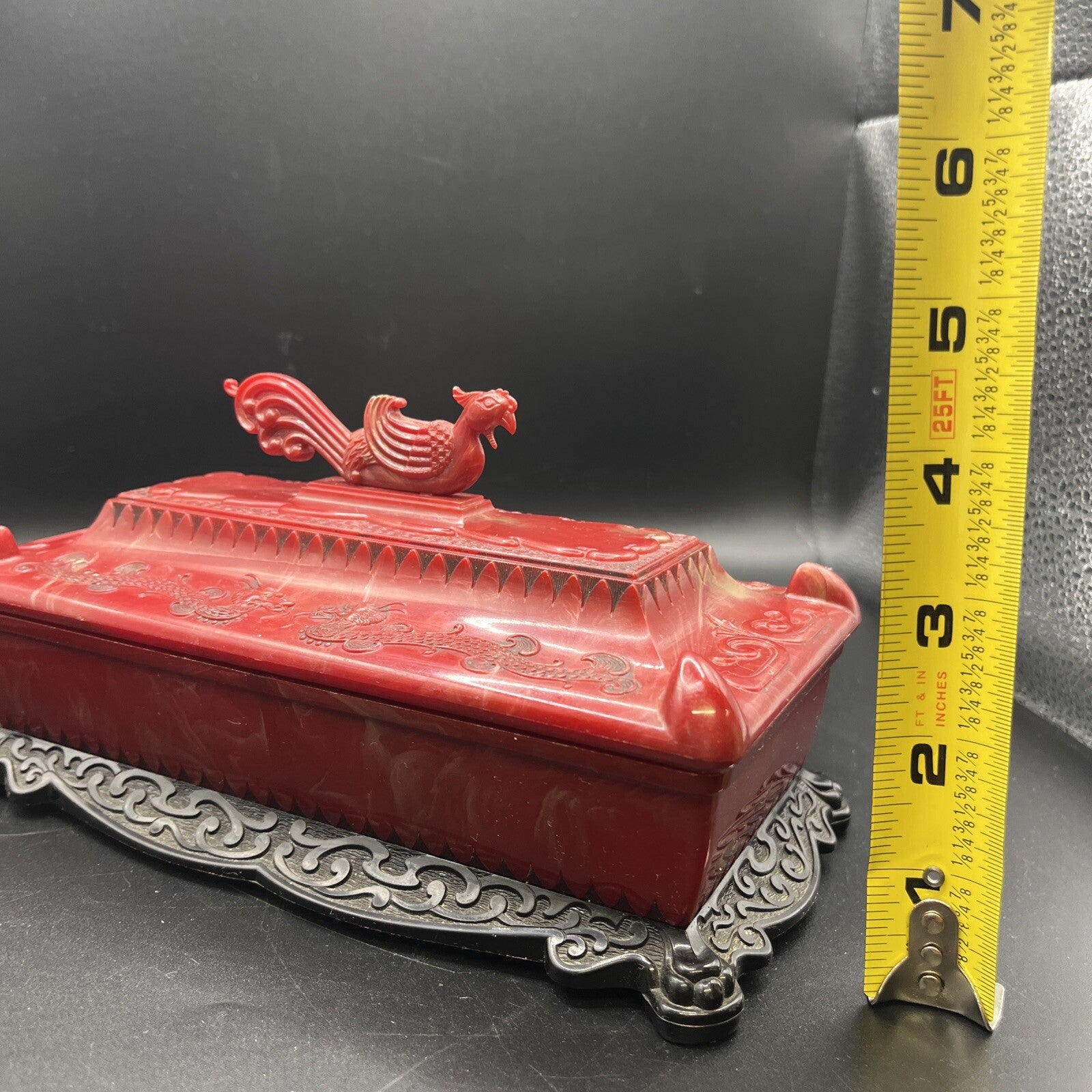 1940s Vintage Asian Red Dragon Celluloid Trinket Jewelry Box 