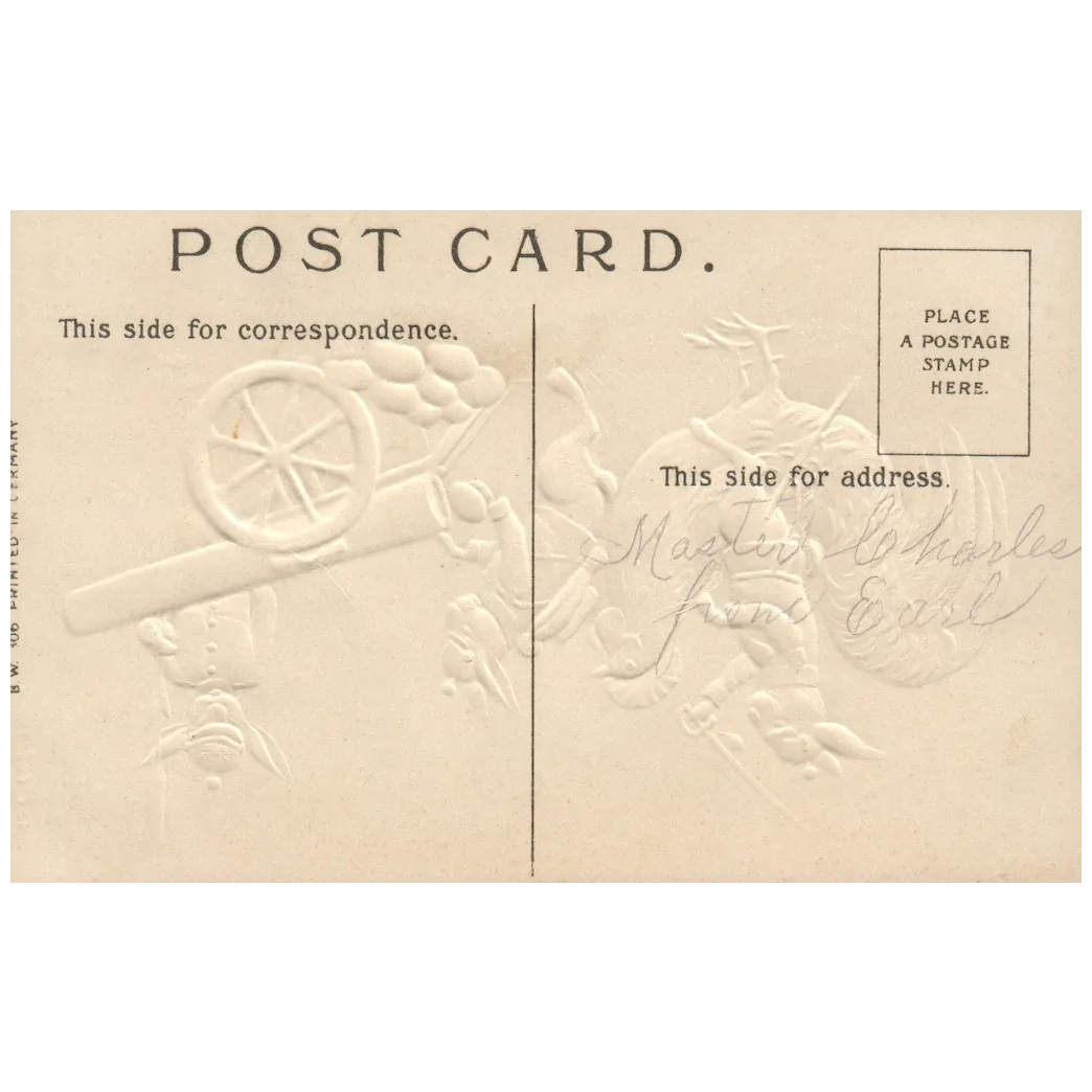 Vintage Patriotic Easter Bunnies and Rooster Putting Eggs Into a Cannon Postcard