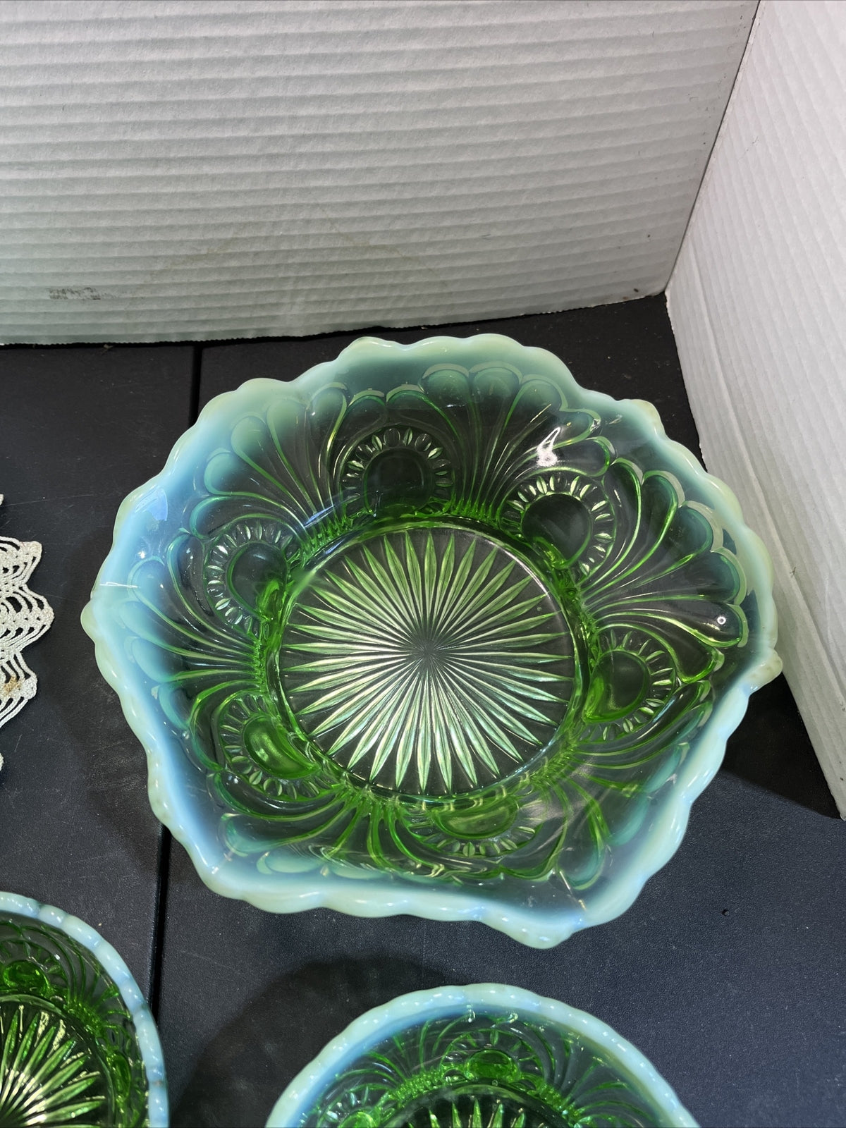 Antique Jefferson Glass 1907 Tokyo Green Opalescent Large, Med & 5 Small Bowls
