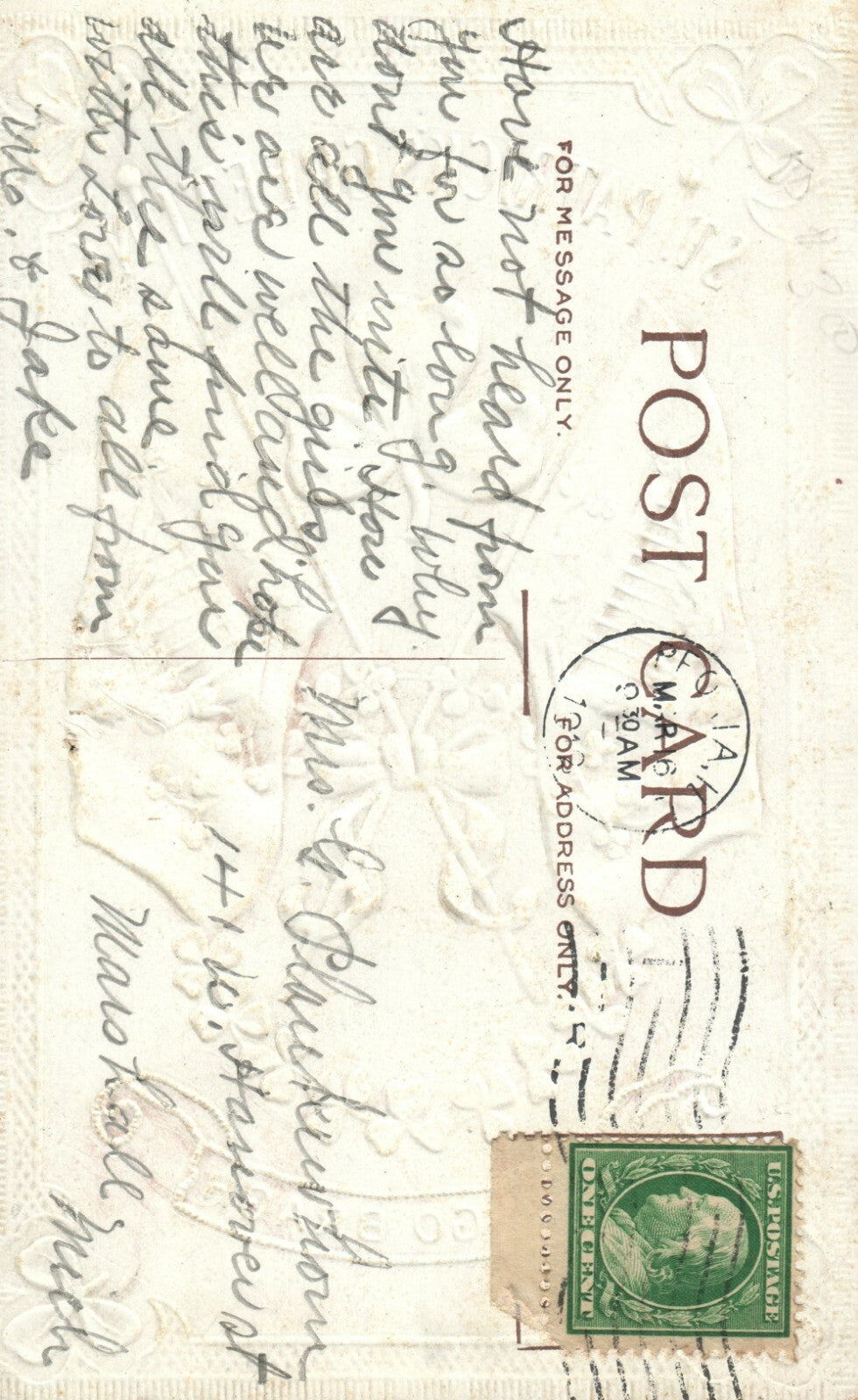 Three Leaf Clover corners Gold Metallic Erin Go Bragh St Patrick's Day Postcard