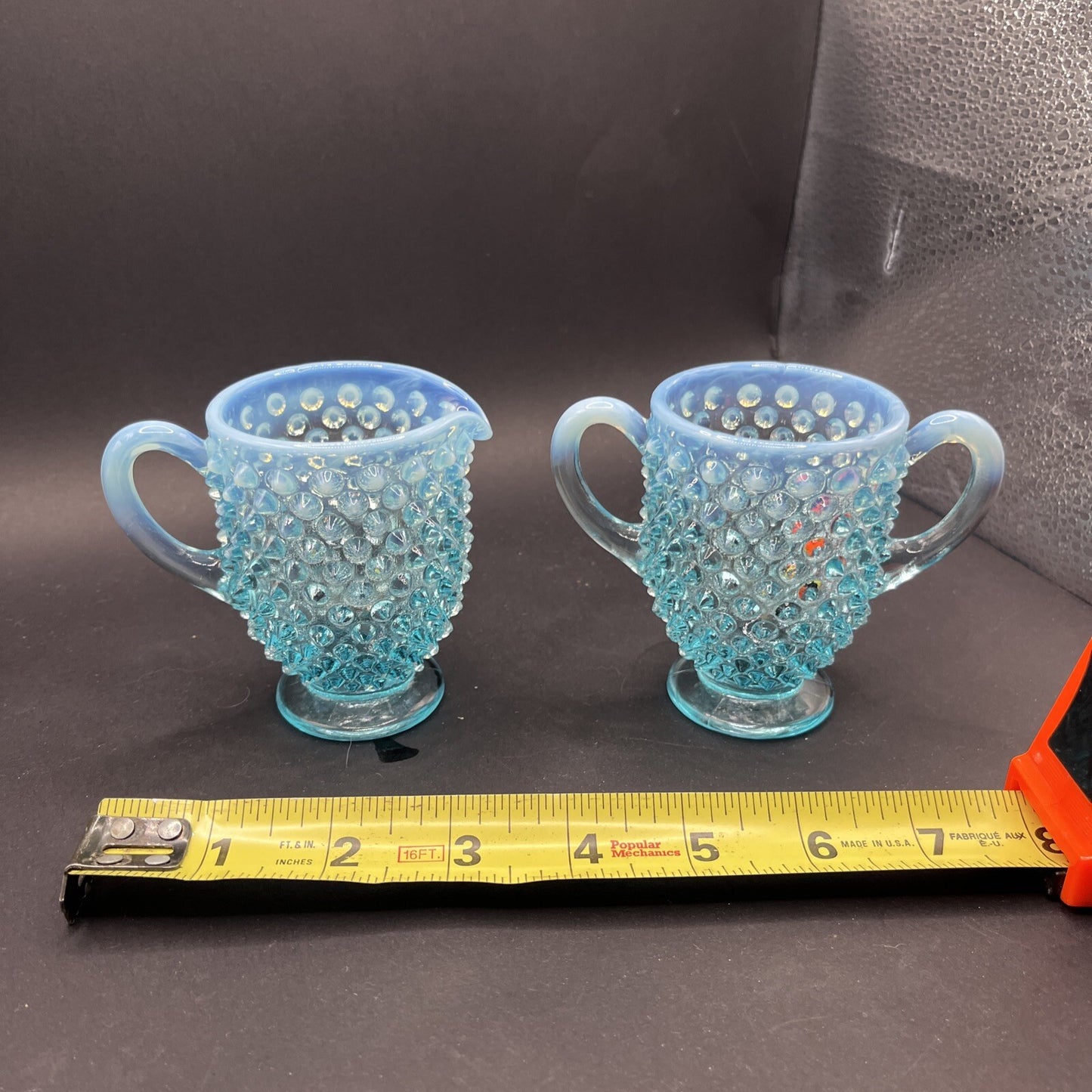 Fenton Glass Blue Opalescent Hobnail Creamer Sugar Bowl Set Lot Handle 3.5 Inch