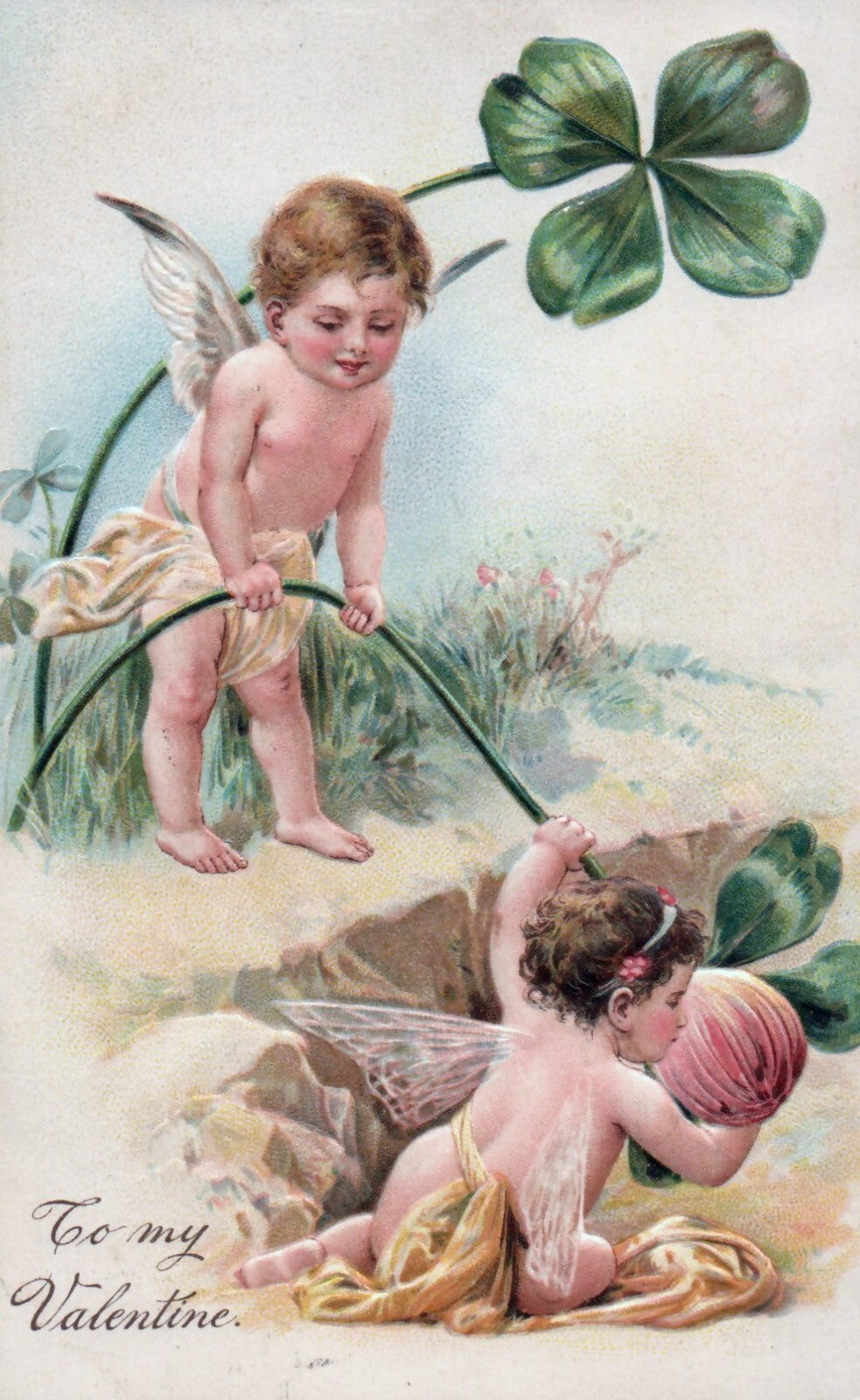 Fantasy Cherub and Fairy Children with Four Leaf Clovers Valentines Day Postcard