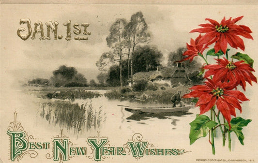 1912 Marshland Scene Cottage Red Flowers Holly Happy New Year Postcard 