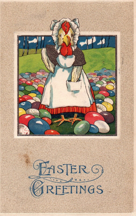 Easter Greetings Momma Hen with Colorful Eggs Vintage Easter Postcard