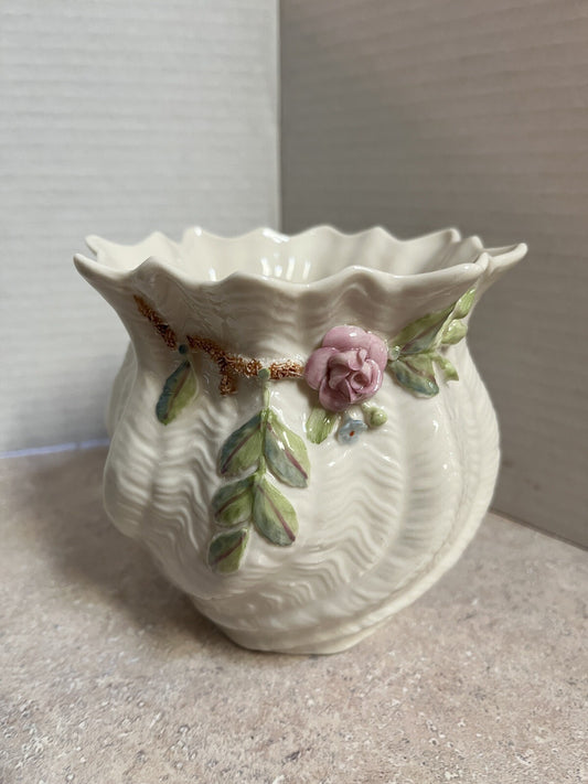 VTG EUC Belleek Cache Pot Vase Applied Dusty Pink Rose Shamrock 3rd Green Mark